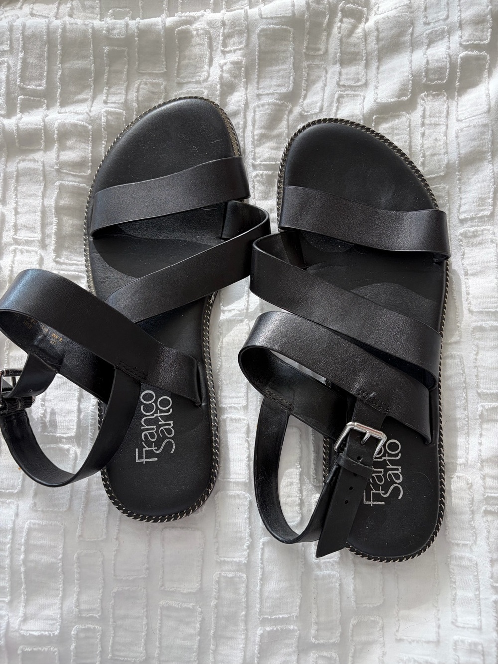 Franco Sarto Black Leather Strappy Ankle Buckle Sandals